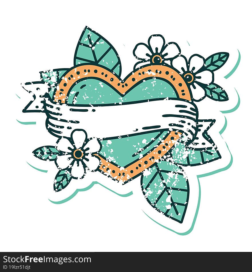 Distressed Sticker Tattoo Style Icon Of A Heart And Banner