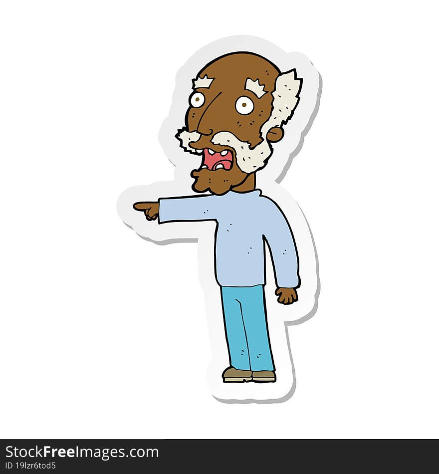 sticker of a cartoon scared old man pointing