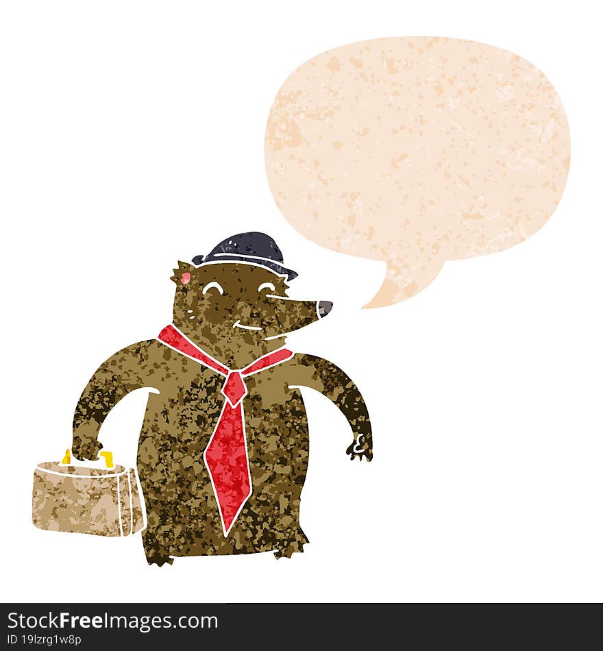 cartoon business bear and speech bubble in retro textured style