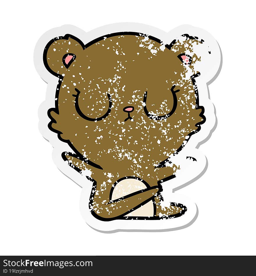 distressed sticker of a peaceful cartoon bear