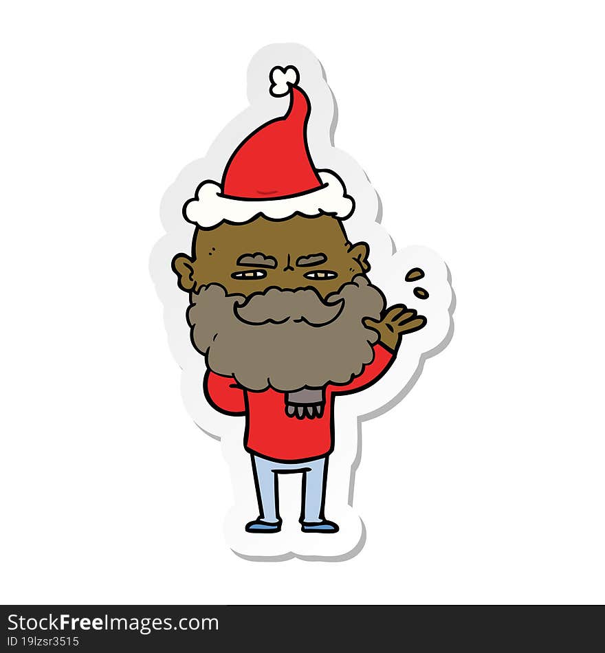 sticker cartoon of a dismissive man with beard frowning wearing santa hat