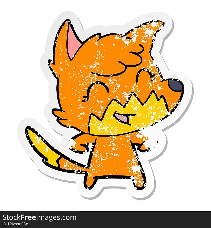 distressed sticker of a happy cartoon fox