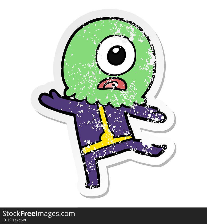 distressed sticker of a cartoon cyclops alien spaceman