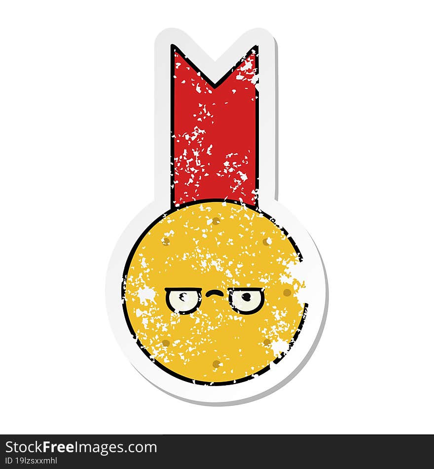 distressed sticker of a cute cartoon gold medal