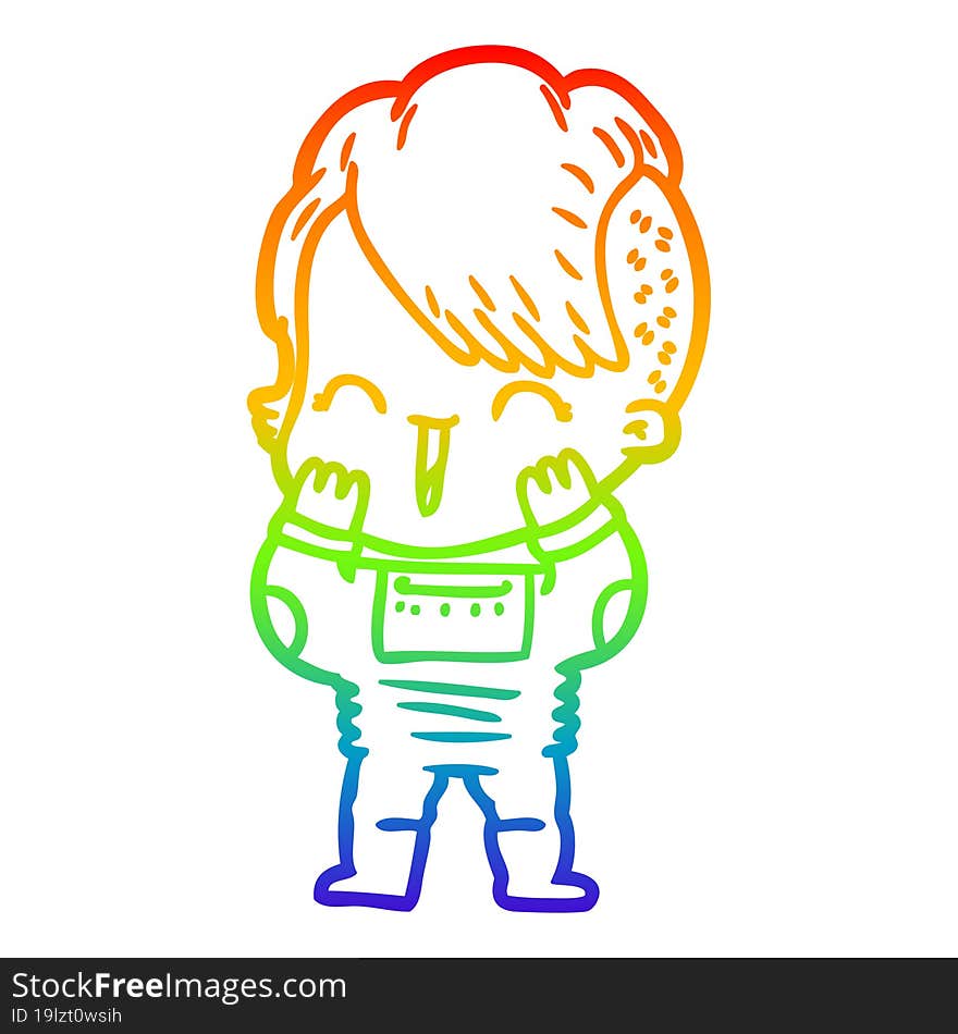 rainbow gradient line drawing of a cartoon happy hipster girl wearing space suit