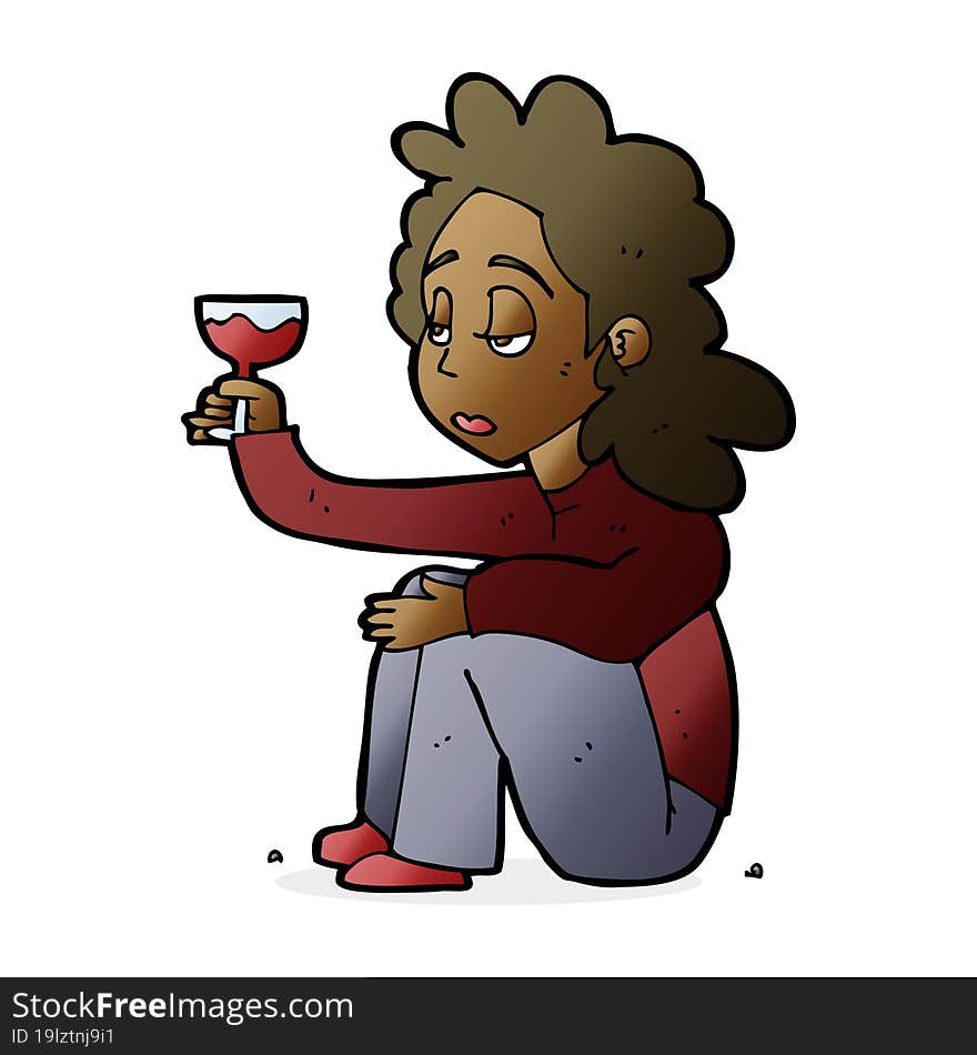 cartoon unhappy woman with glass of wine