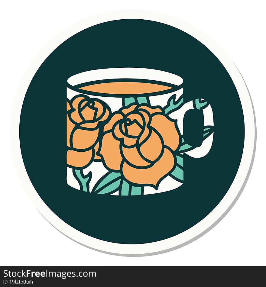 Tattoo Style Sticker Of A Cup And Flowers