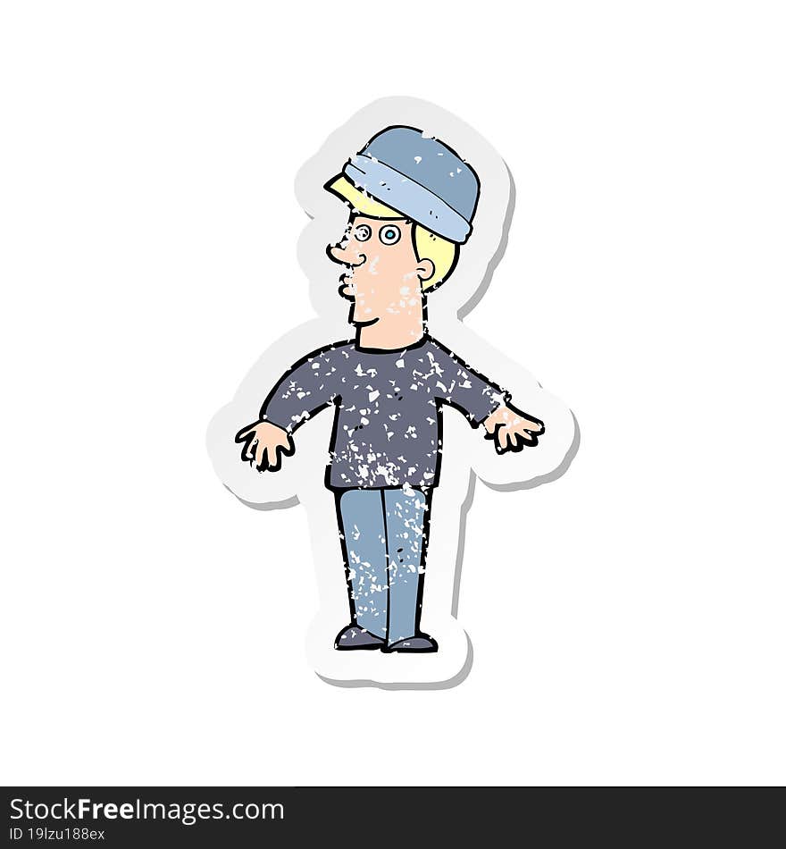 retro distressed sticker of a cartoon man wearing hat