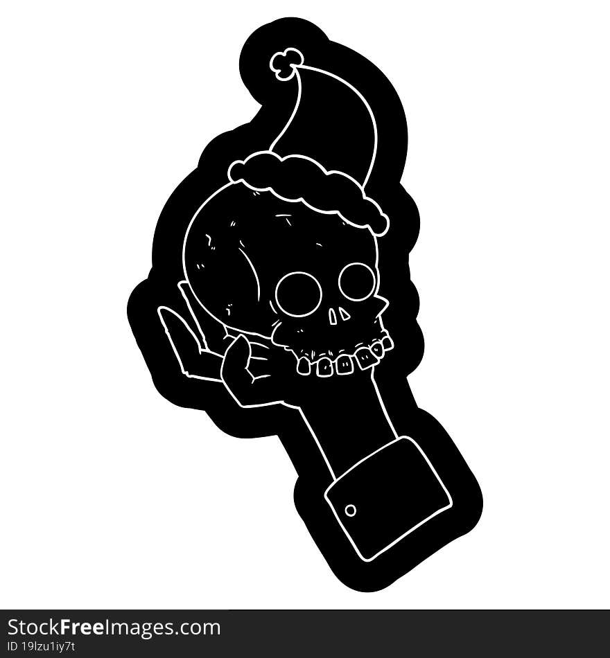 quirky cartoon icon of a hand holding skull wearing santa hat