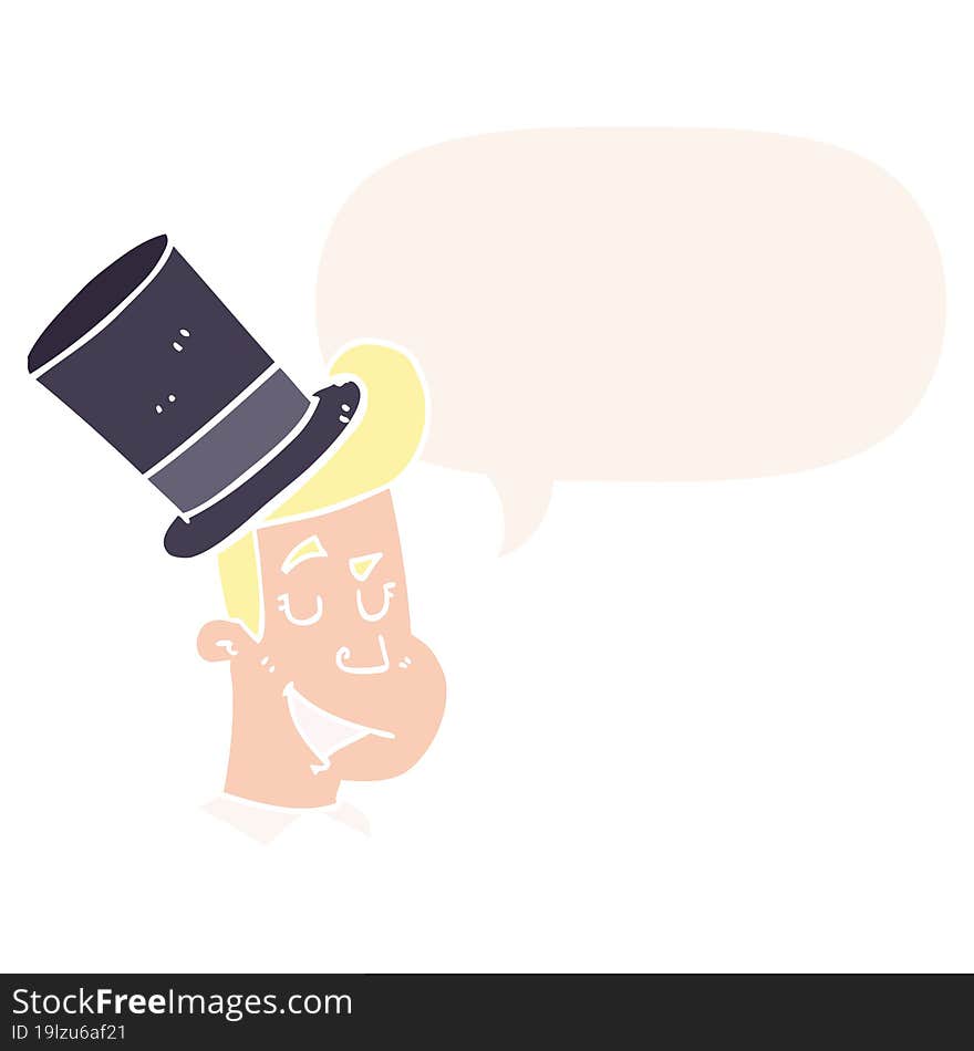 cartoon man wearing top hat with speech bubble in retro style