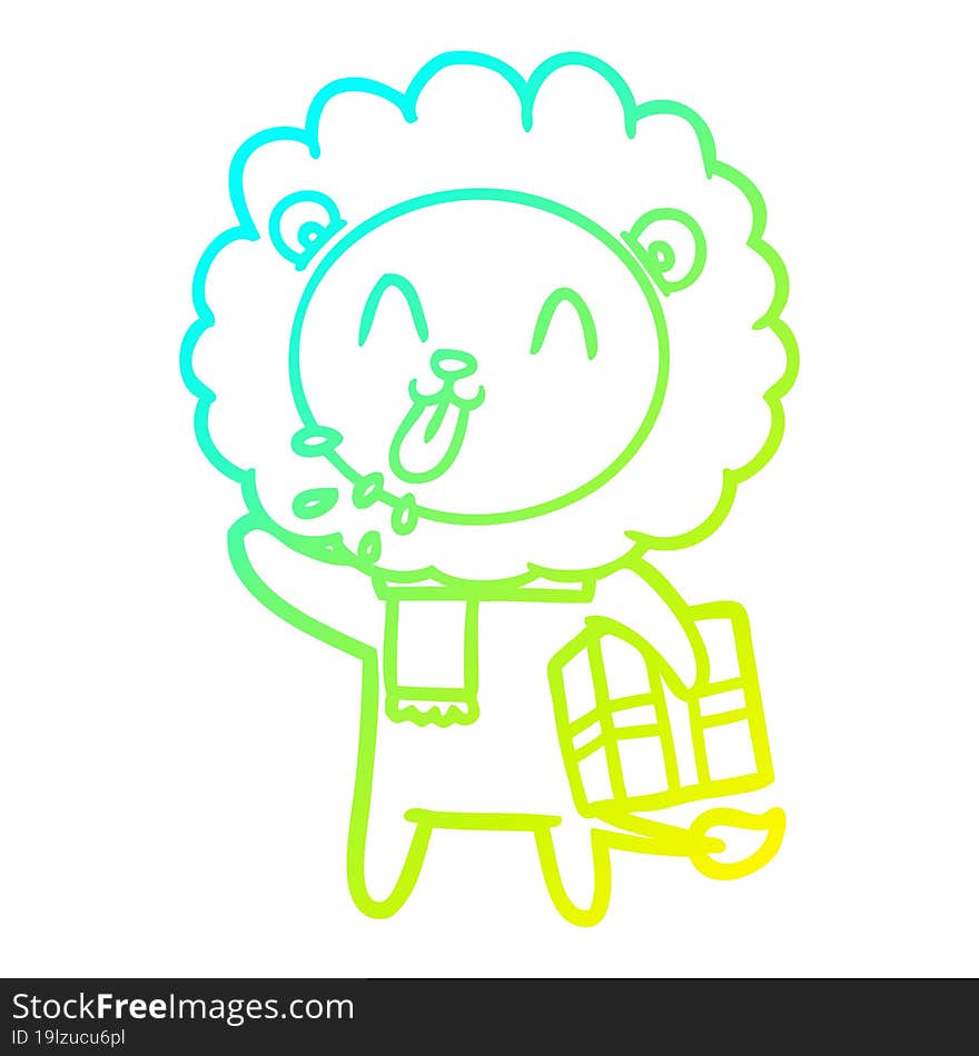 cold gradient line drawing of a happy cartoon lion