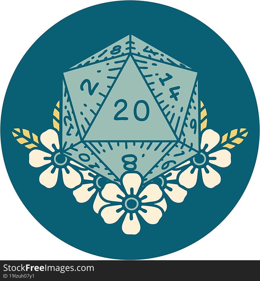 iconic tattoo style image of a d20. iconic tattoo style image of a d20