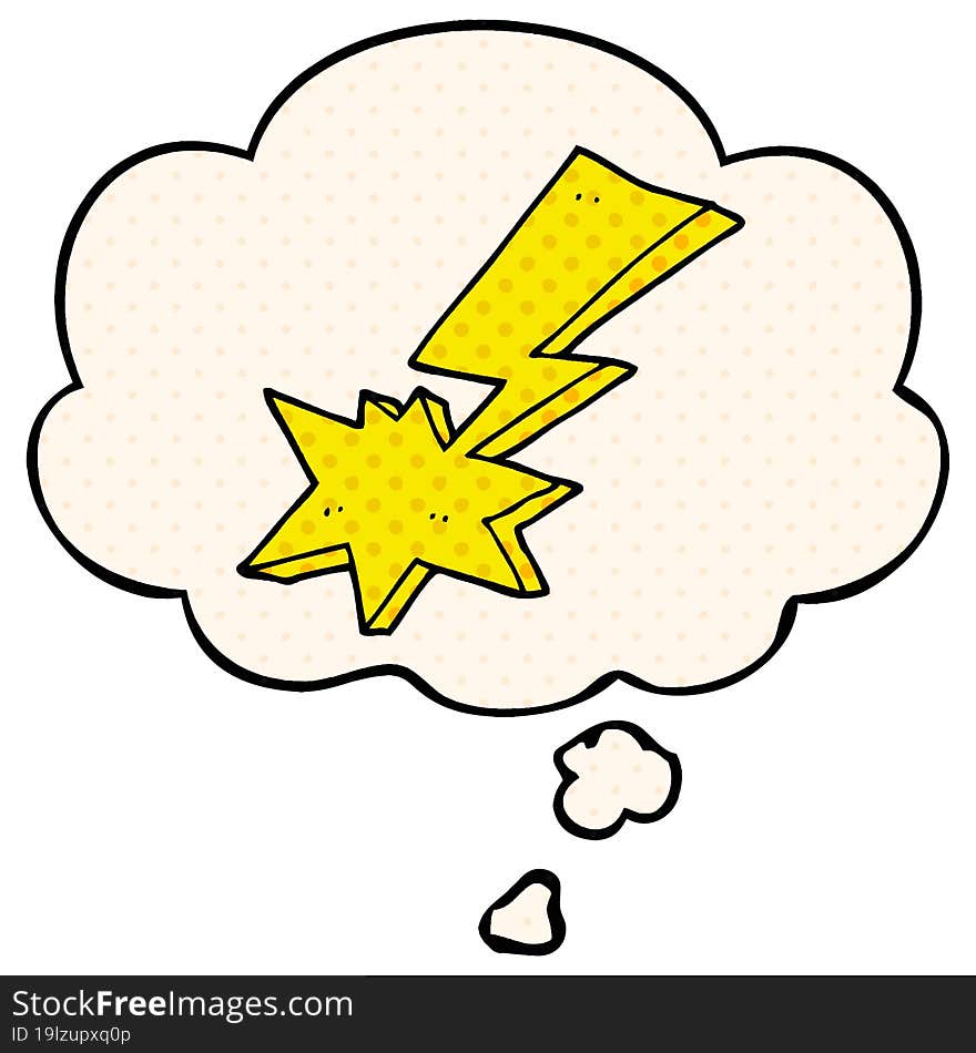 cartoon lightning bolt and thought bubble in comic book style