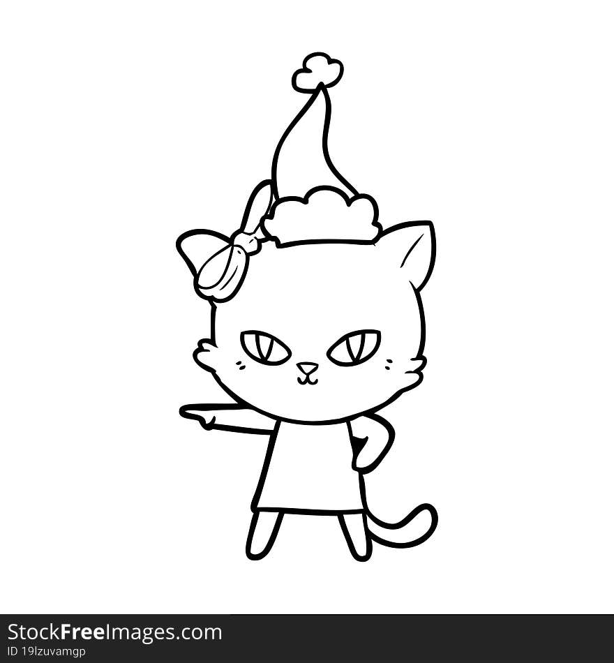 cute line drawing of a cat wearing dress wearing santa hat