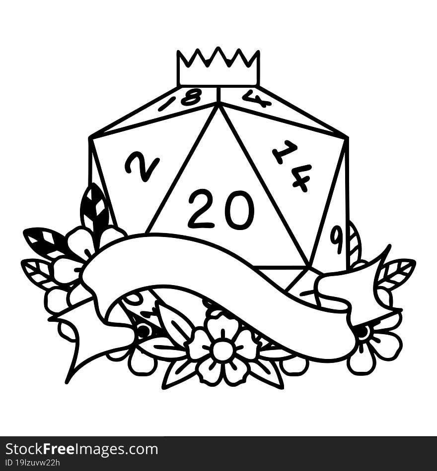 Black and White Tattoo linework Style natural twenty D20 dice roll. Black and White Tattoo linework Style natural twenty D20 dice roll