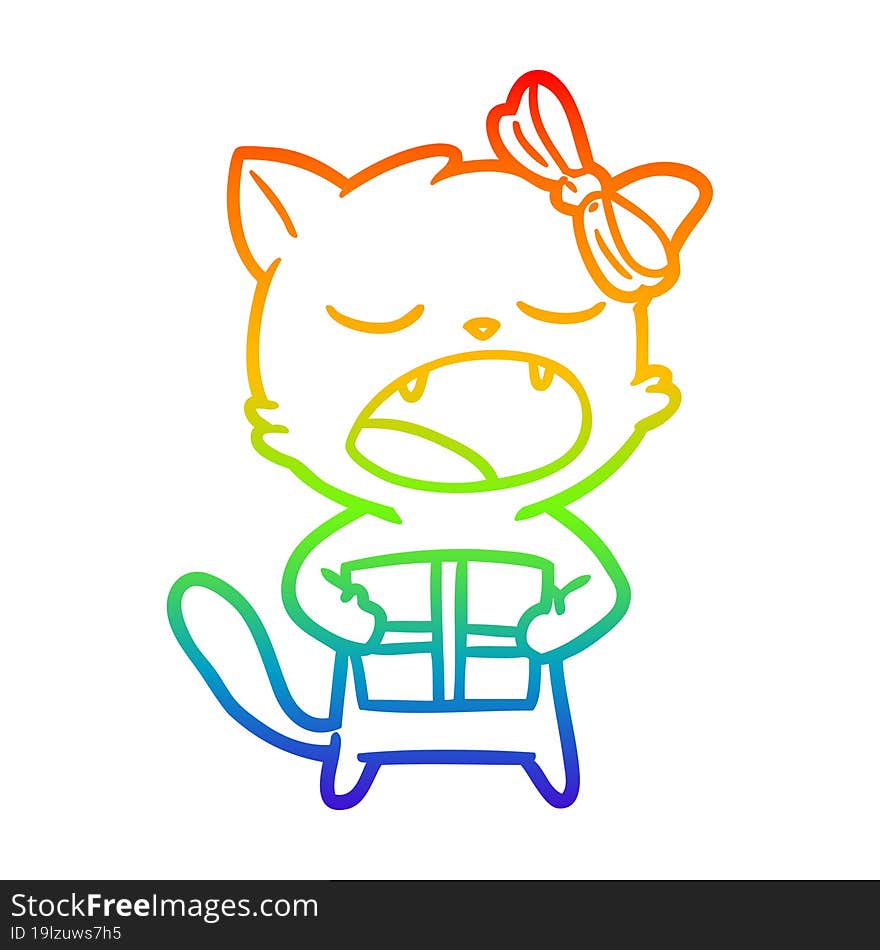 rainbow gradient line drawing of a cartoon cat with christmas present