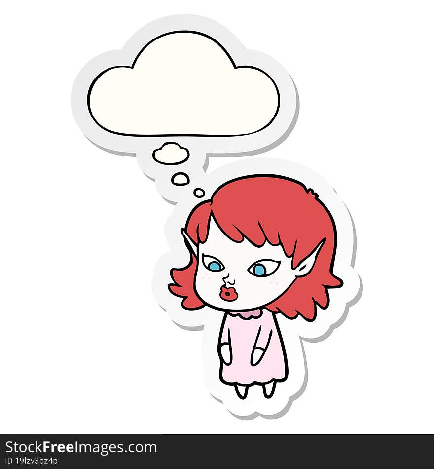 cartoon elf girl with pointy ears with thought bubble as a printed sticker