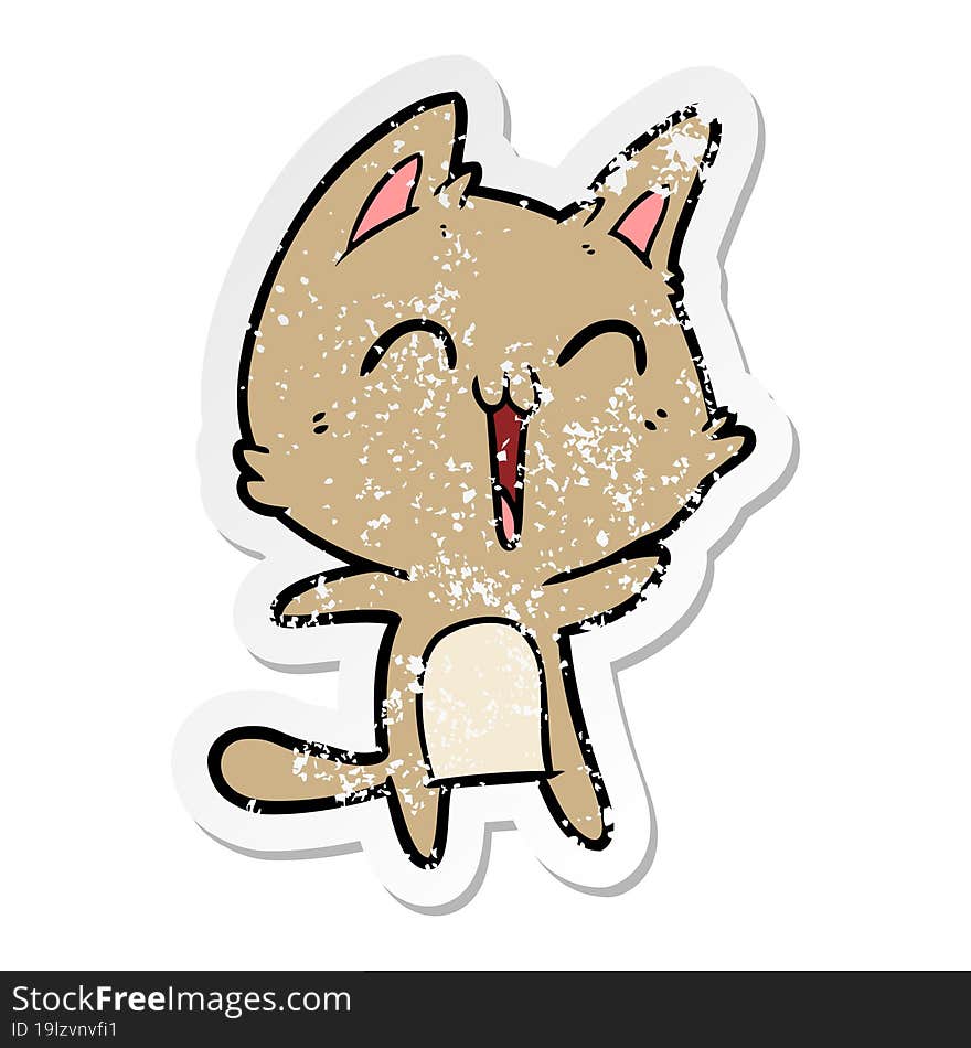 distressed sticker of a happy cartoon cat