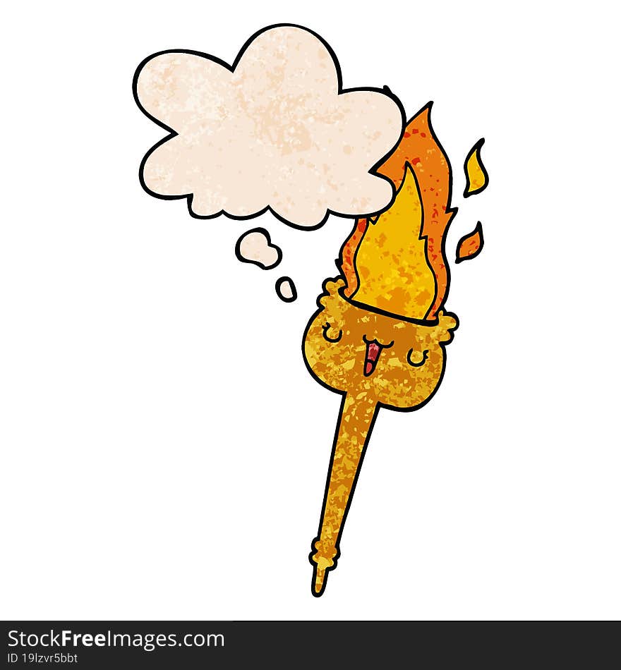 Cartoon Flaming Torch And Thought Bubble In Grunge Texture Pattern Style