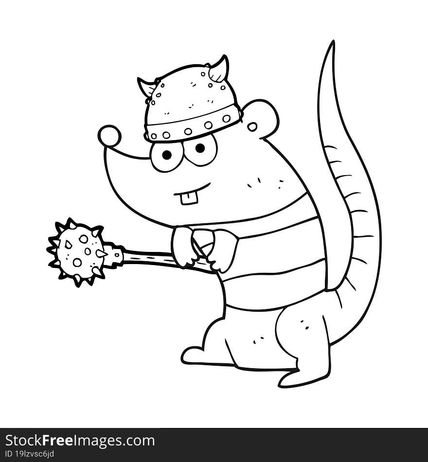 freehand drawn black and white cartoon rat warrior