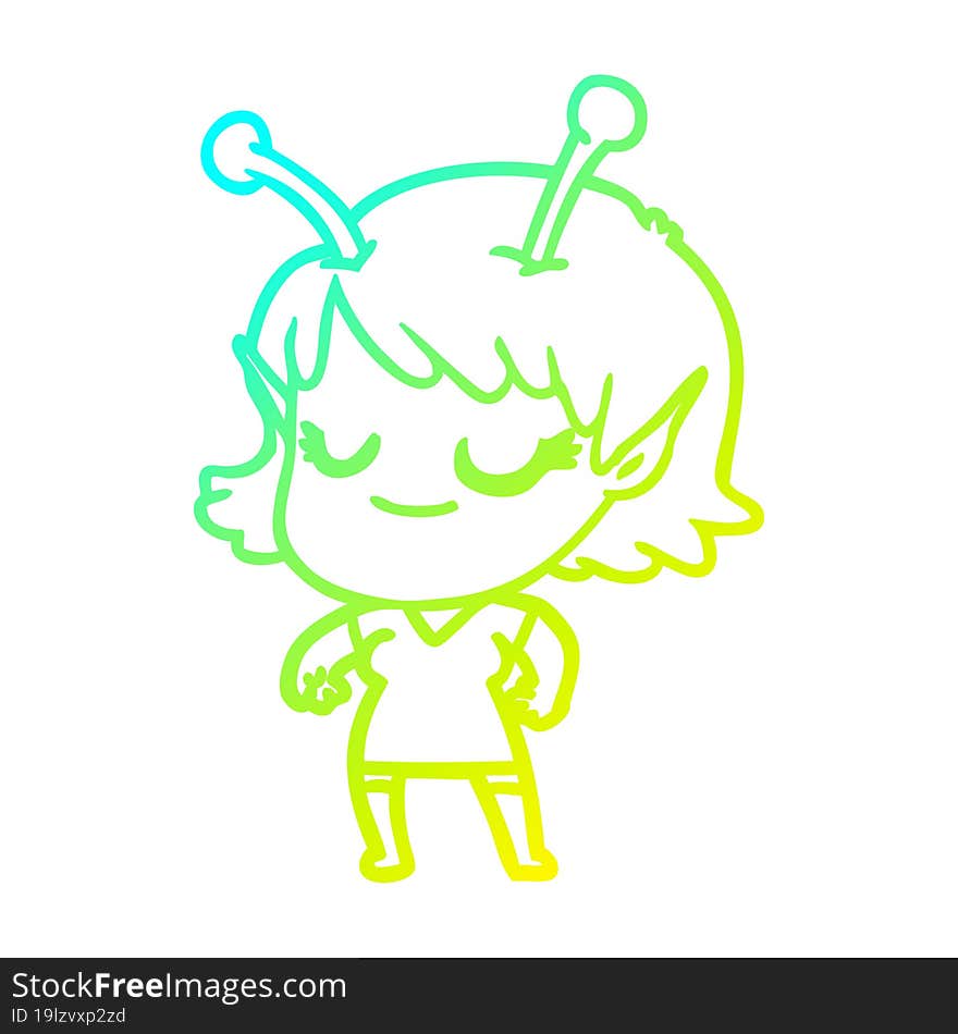 cold gradient line drawing smiling alien girl cartoon