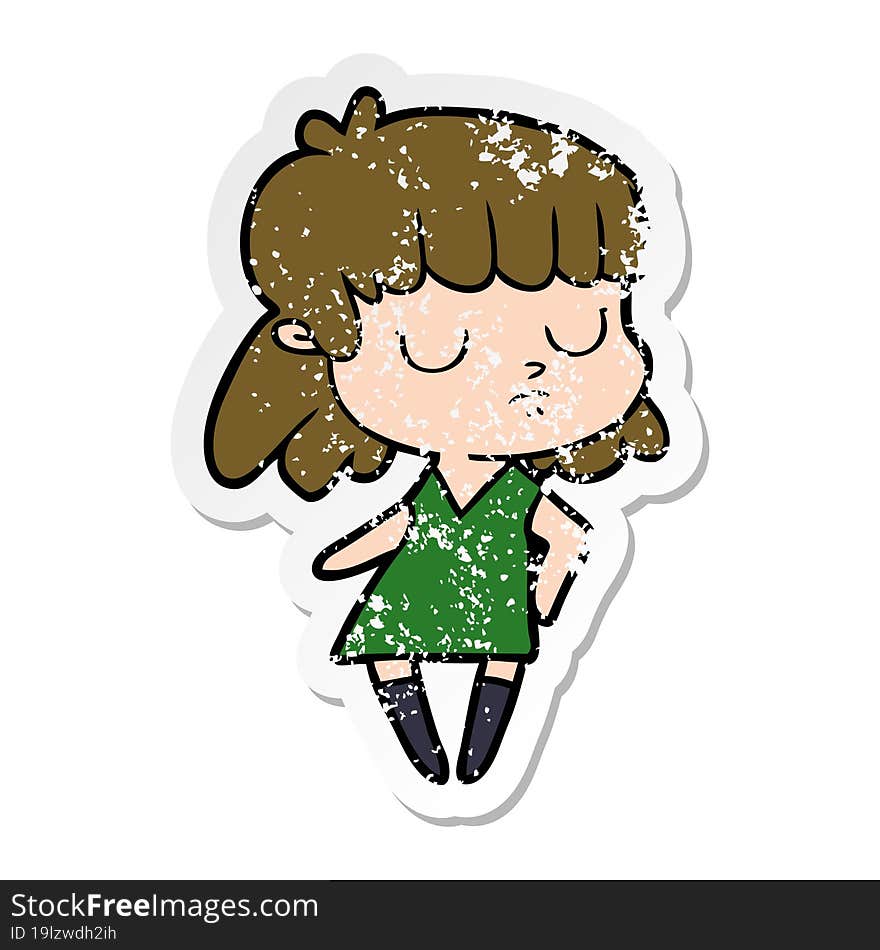 distressed sticker of a cartoon indifferent woman