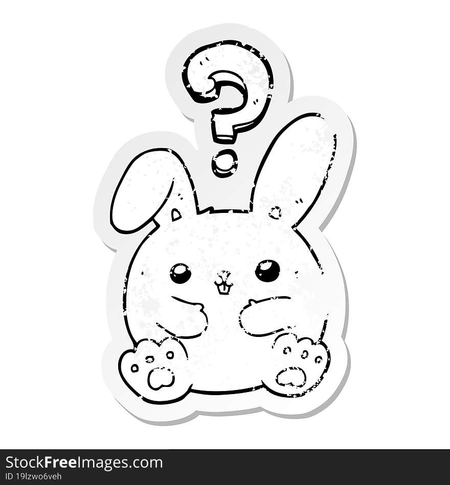 distressed sticker of a cartoon rabbit with question mark