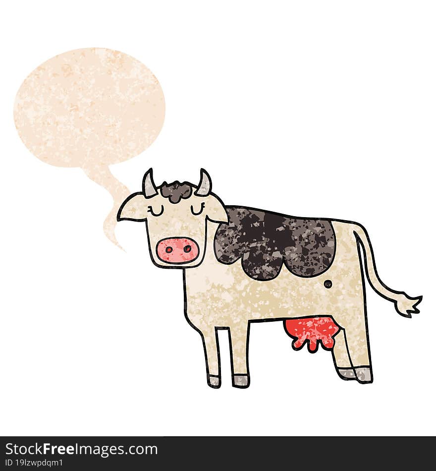 cartoon cow and speech bubble in retro textured style