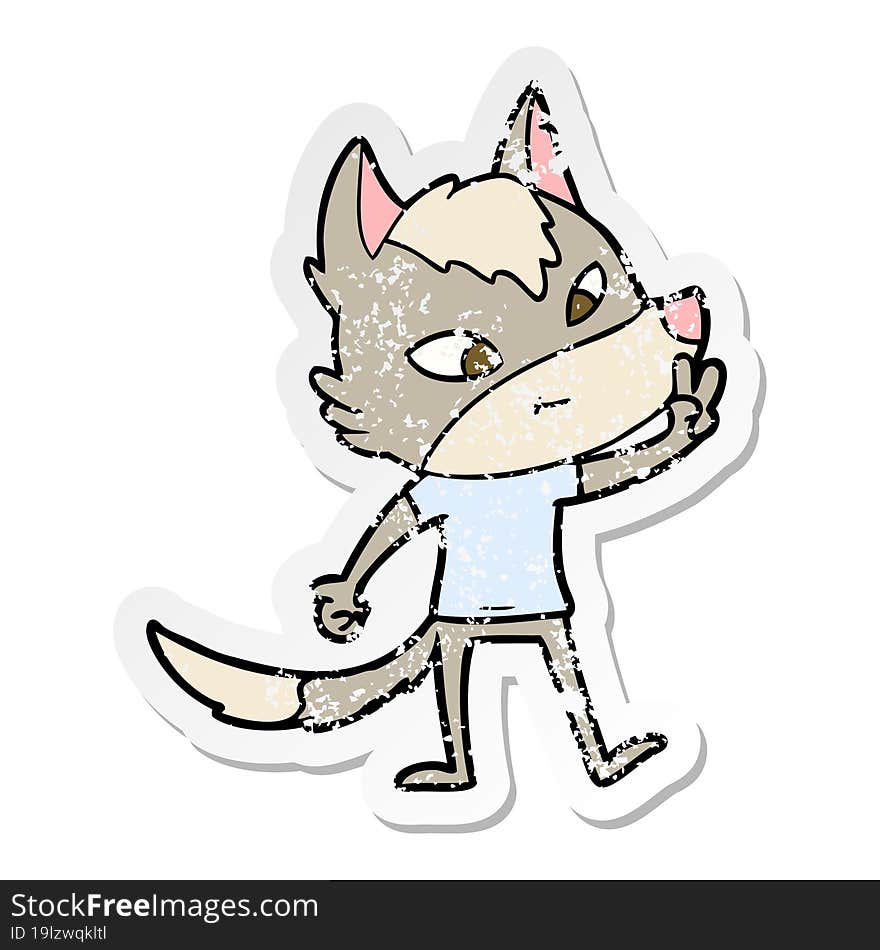 distressed sticker of a friendly cartoon wolf giving peace sign