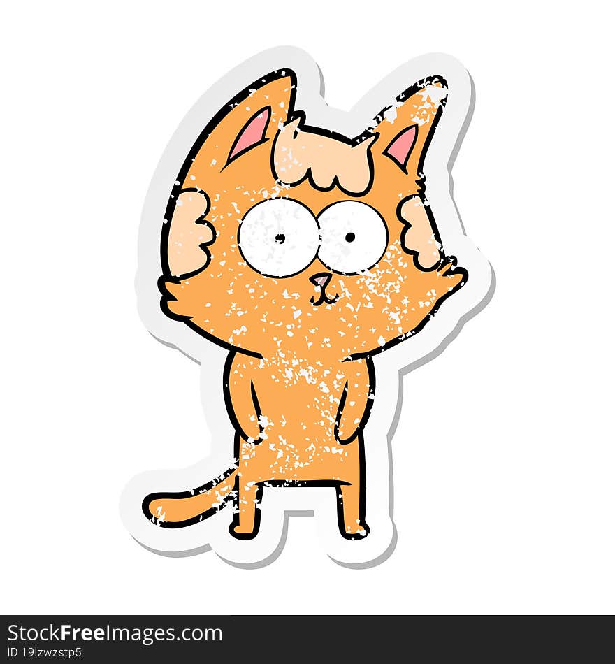 distressed sticker of a happy cartoon cat