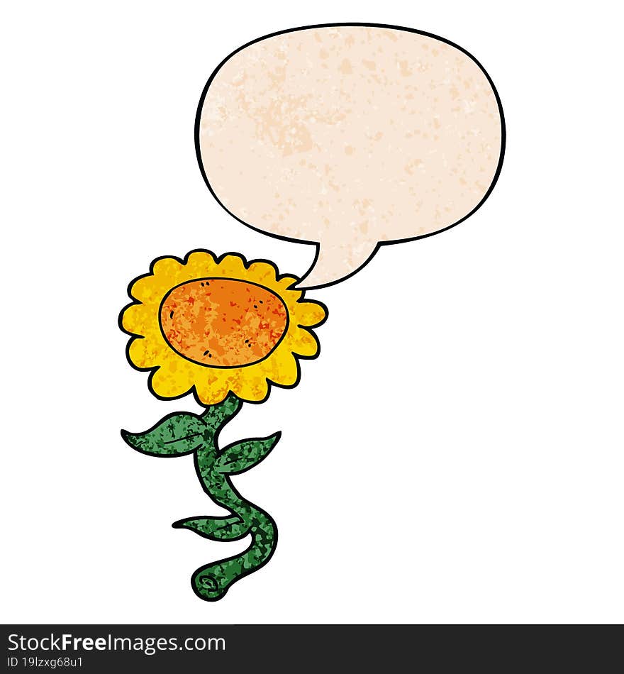 cartoon sunflower and speech bubble in retro texture style