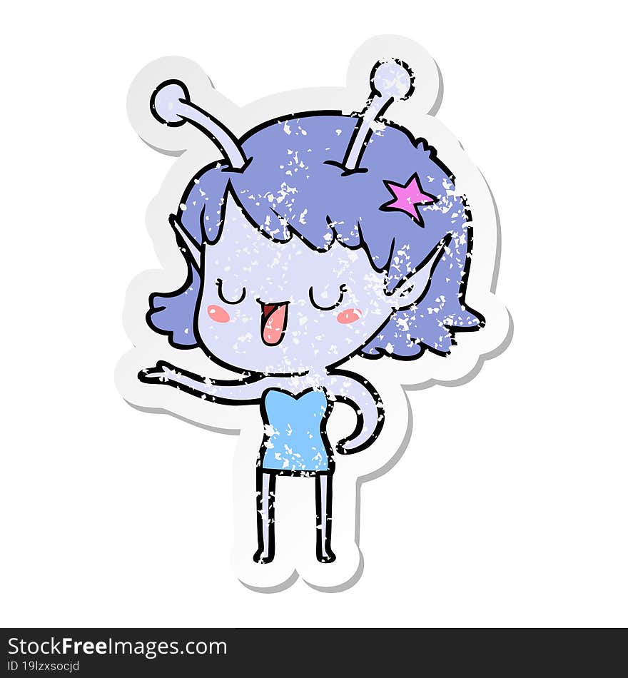 distressed sticker of a happy alien girl cartoon laughing