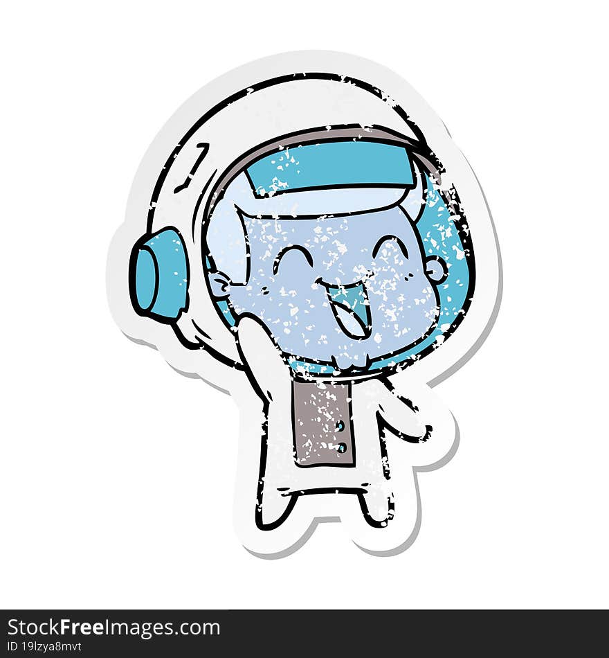 distressed sticker of a happy cartoon astronaut