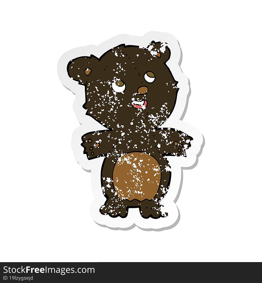 retro distressed sticker of a cartoon happy little black bear