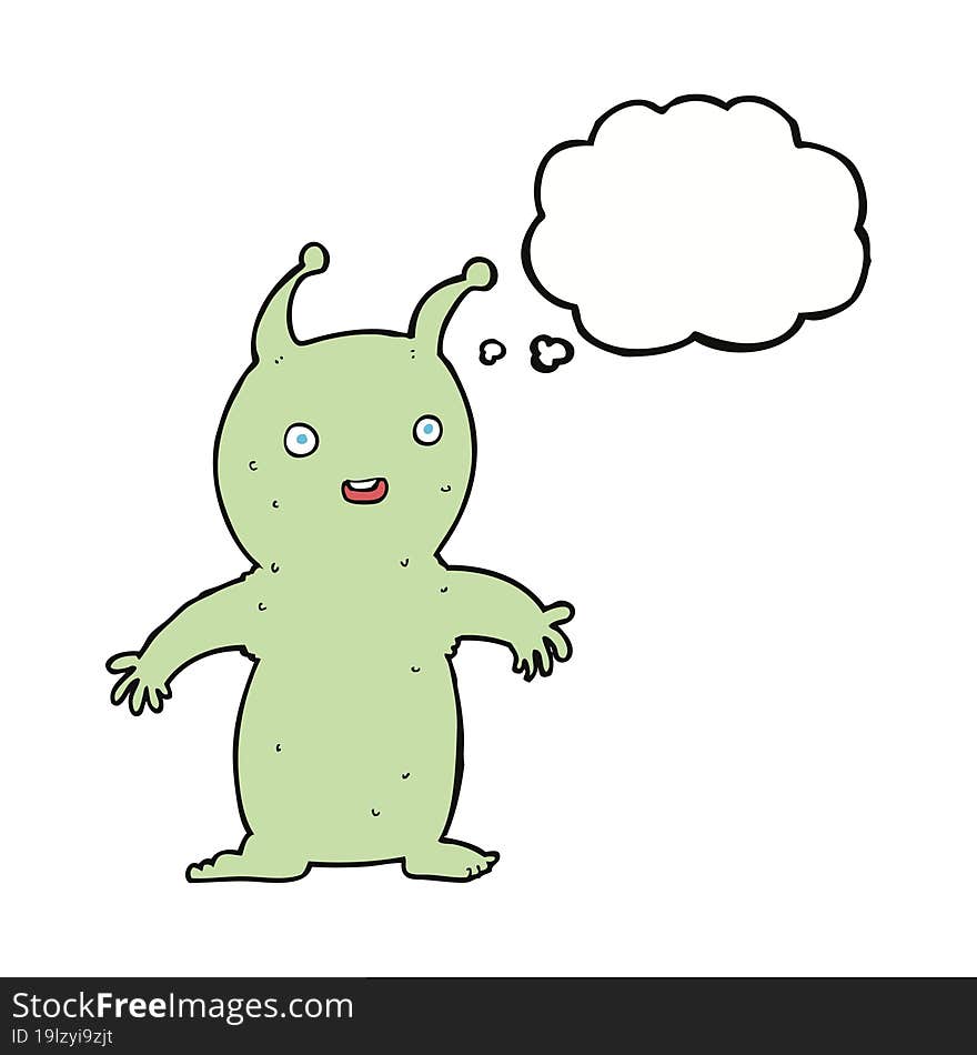 cartoon happy little alien with thought bubble