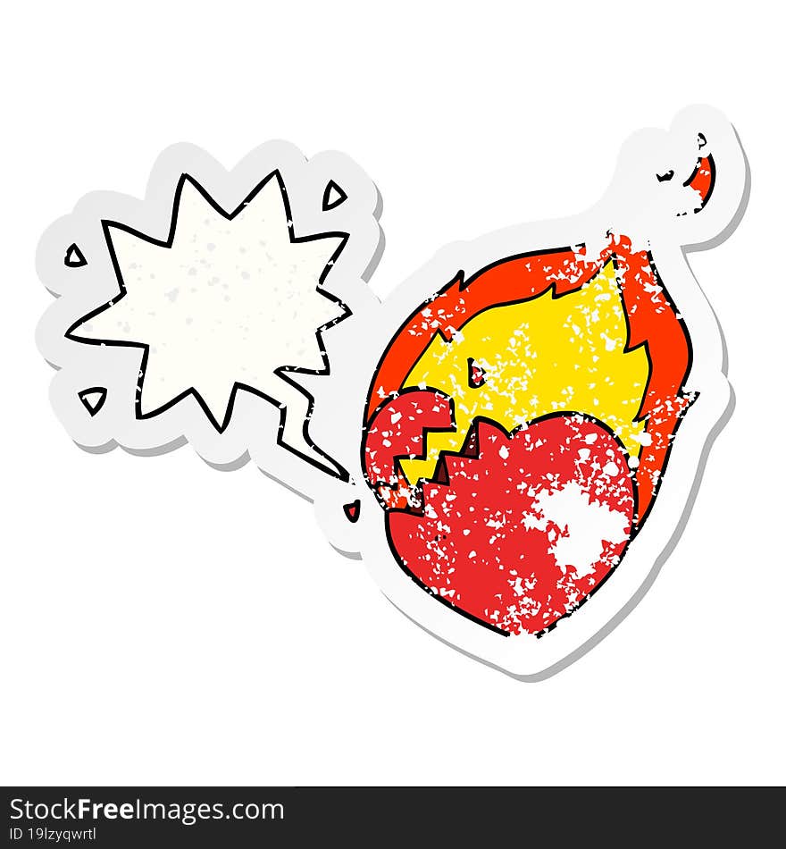 cartoon flaming heart and speech bubble distressed sticker