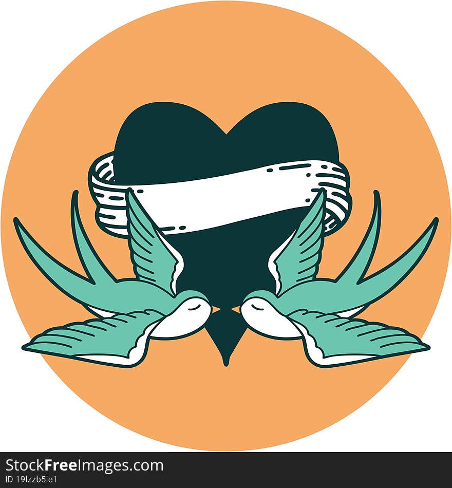 iconic tattoo style image of swallows and a heart with banner. iconic tattoo style image of swallows and a heart with banner