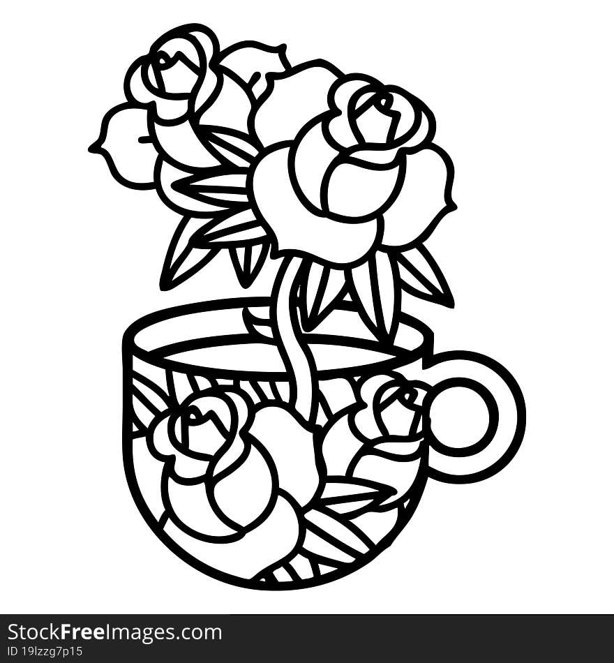 black line tattoo of a cup and flowers