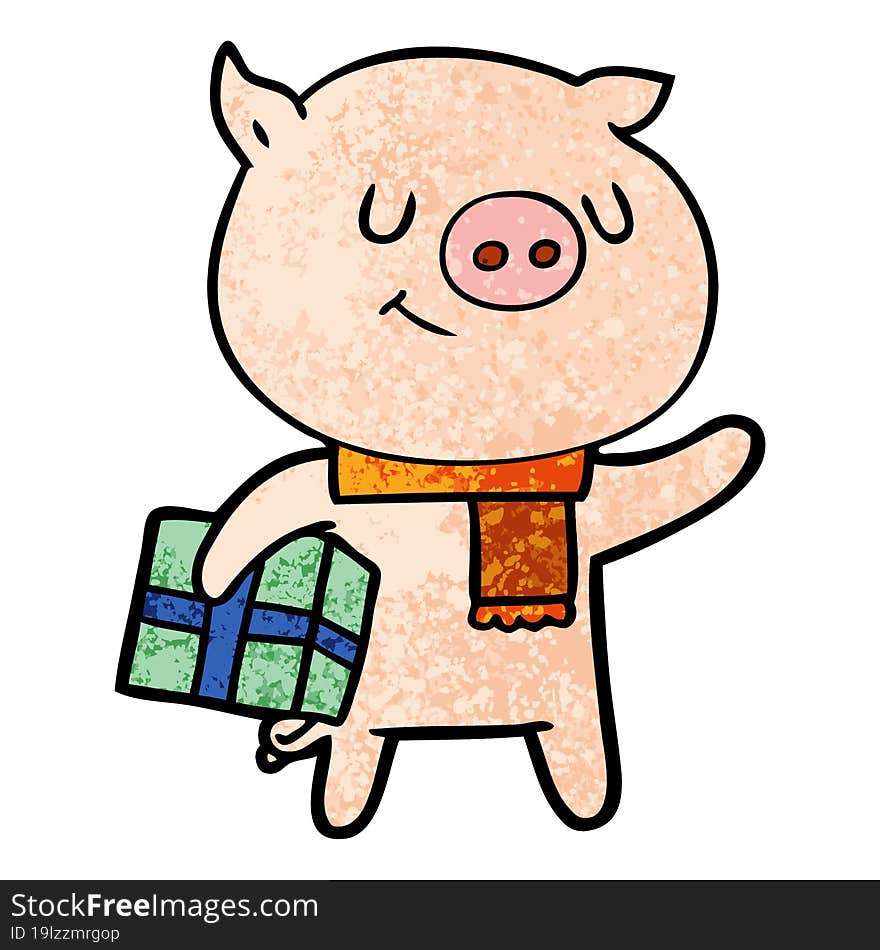 happy cartoon pig with christmas present. happy cartoon pig with christmas present