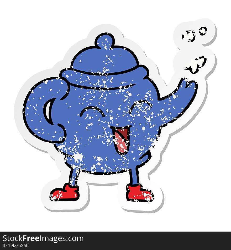 distressed sticker cartoon doodle of a blue tea pot