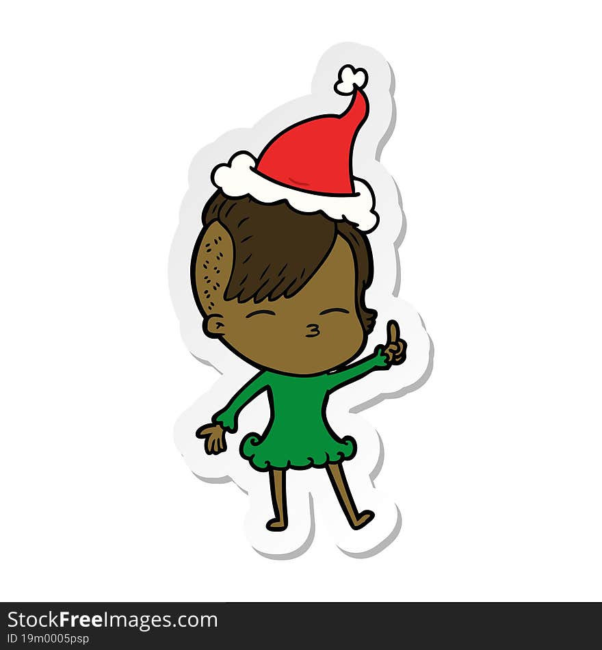 sticker cartoon of a squinting girl wearing santa hat