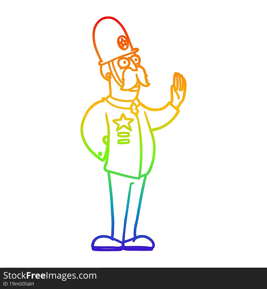 rainbow gradient line drawing of a cartoon policeman making stop gesture