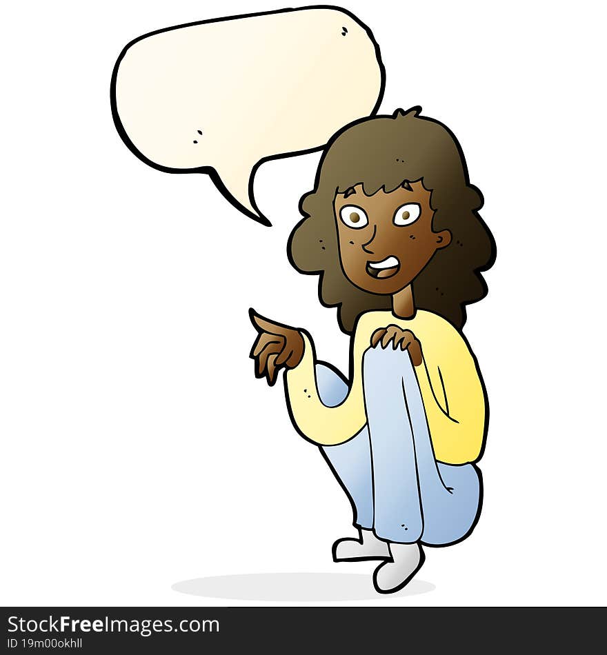 cartoon happy woman sitting and pointing with speech bubble