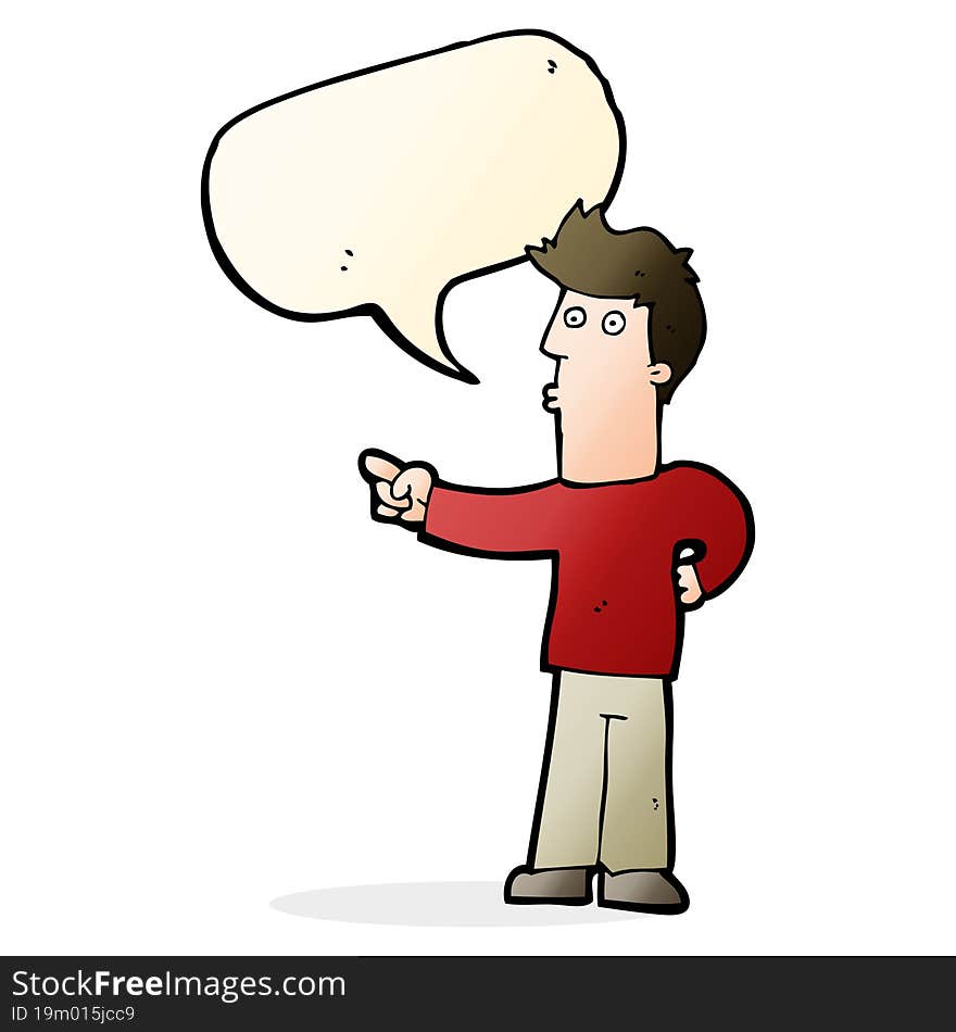 cartoon curious man pointing with speech bubble