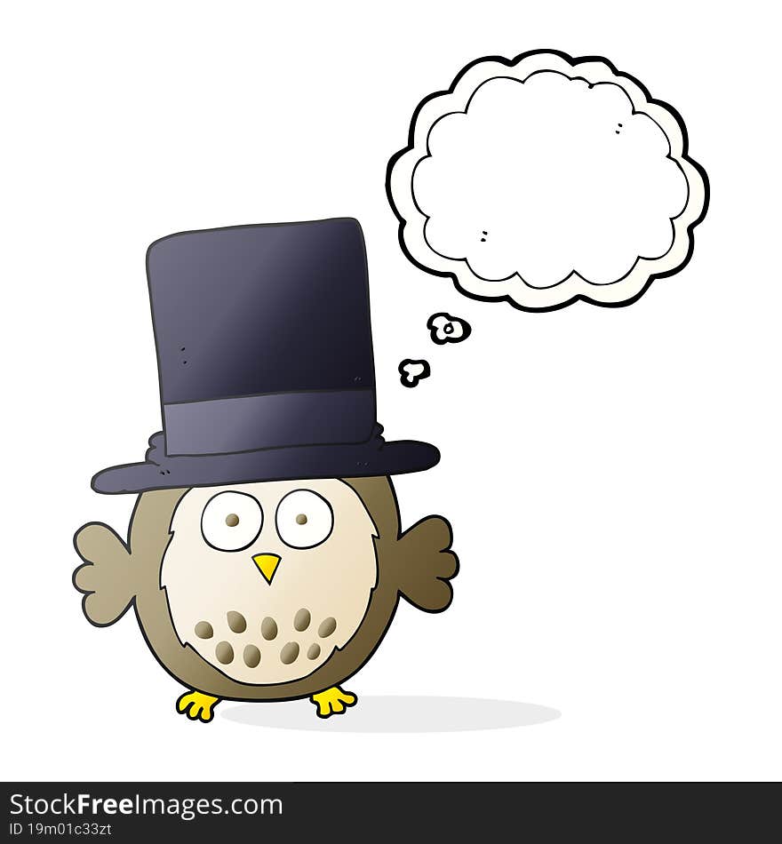 freehand drawn thought bubble cartoon owl wearing top hat