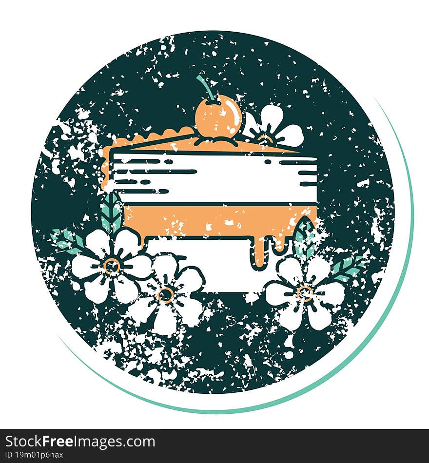 Distressed Sticker Tattoo Style Icon Of A Slice Of Cake And Flowers