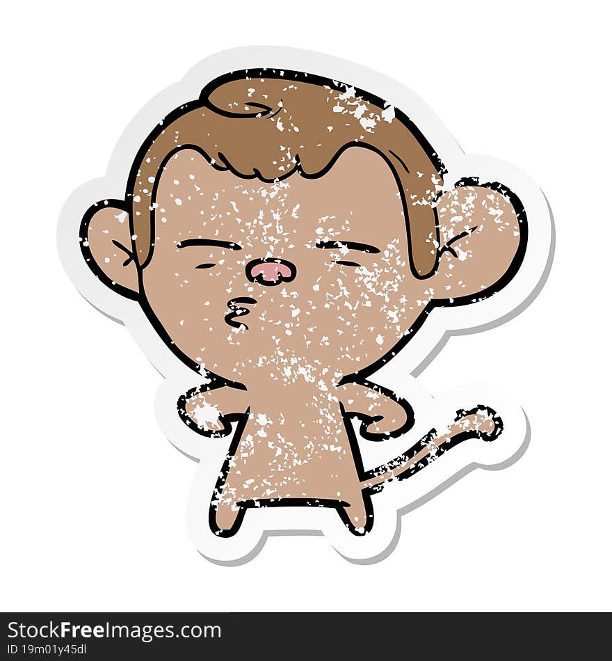 distressed sticker of a cartoon suspicious monkey