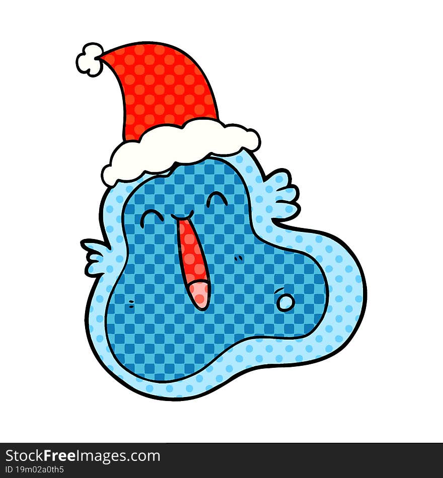 hand drawn comic book style illustration of a germ wearing santa hat