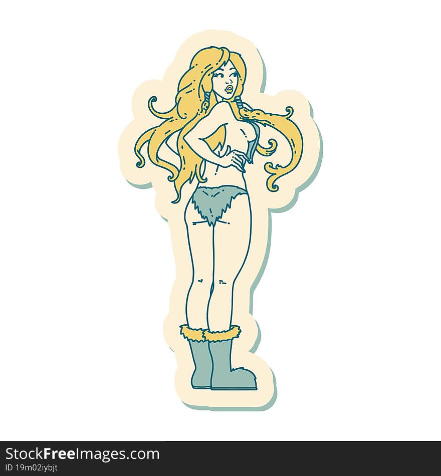 sticker of tattoo in traditional style of a pinup viking girl. sticker of tattoo in traditional style of a pinup viking girl