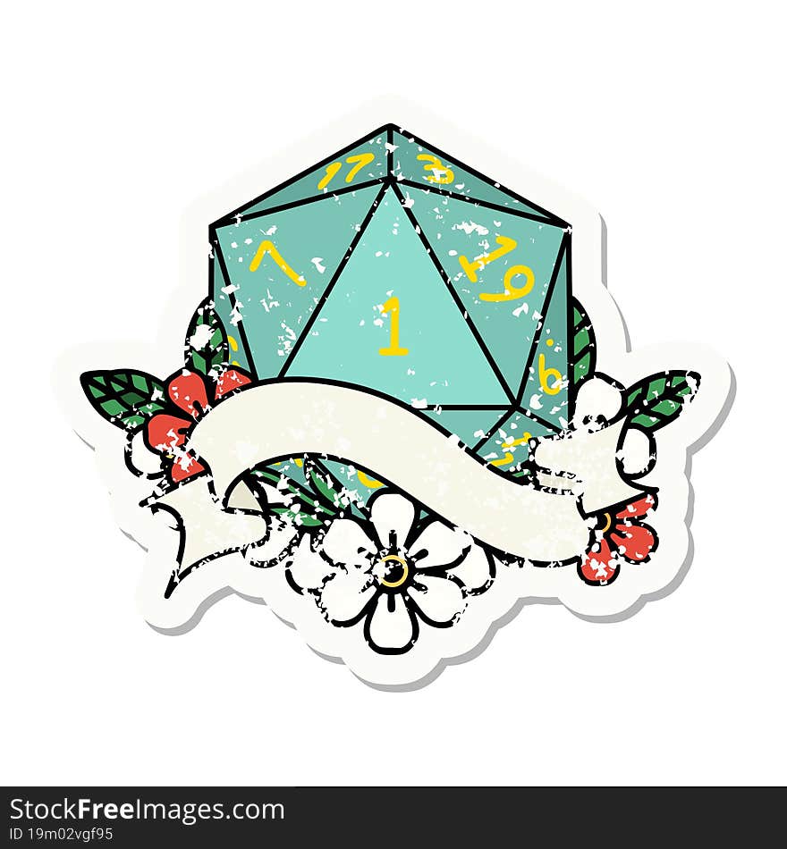 grunge sticker of a natural one d20 dice roll. grunge sticker of a natural one d20 dice roll